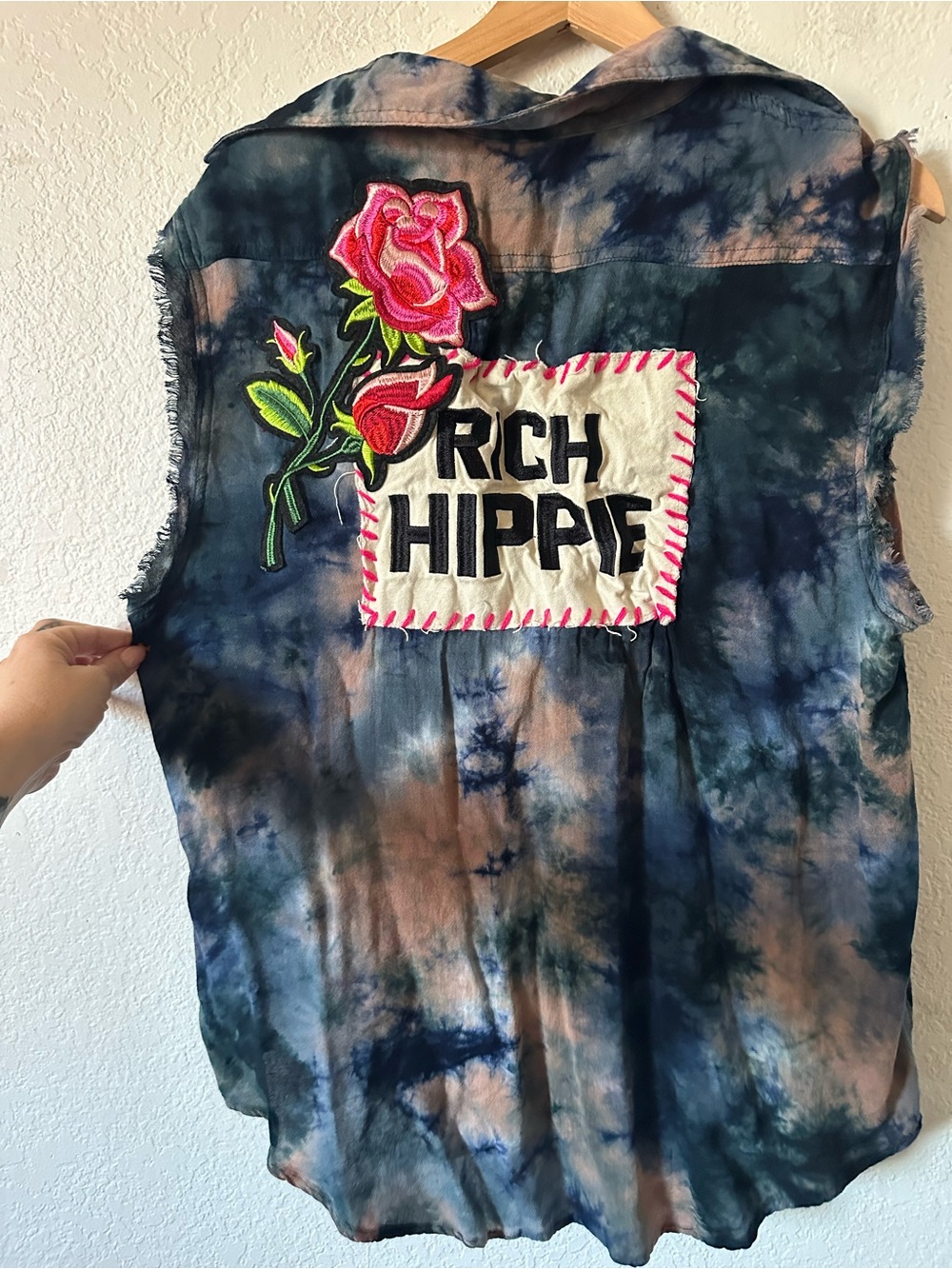 Gypsy Junkies Tie-Dye Sleeveless Vest with Rose Patch - Blue, Pink, Brown - L